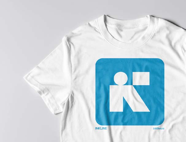 White t-shirt with Inkline cerulean logomark