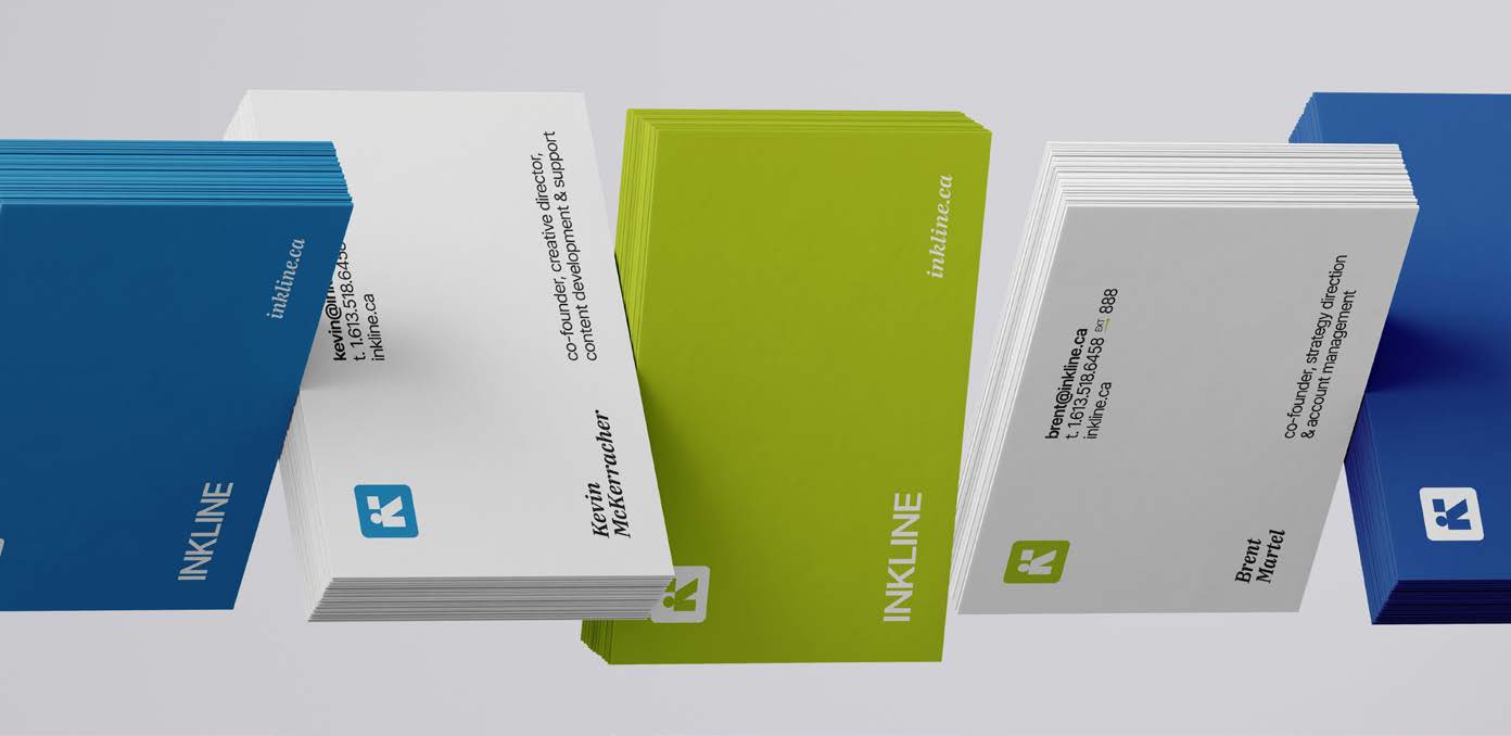 Inkline business cards showing team members in cerulean, white, lime and cobalt